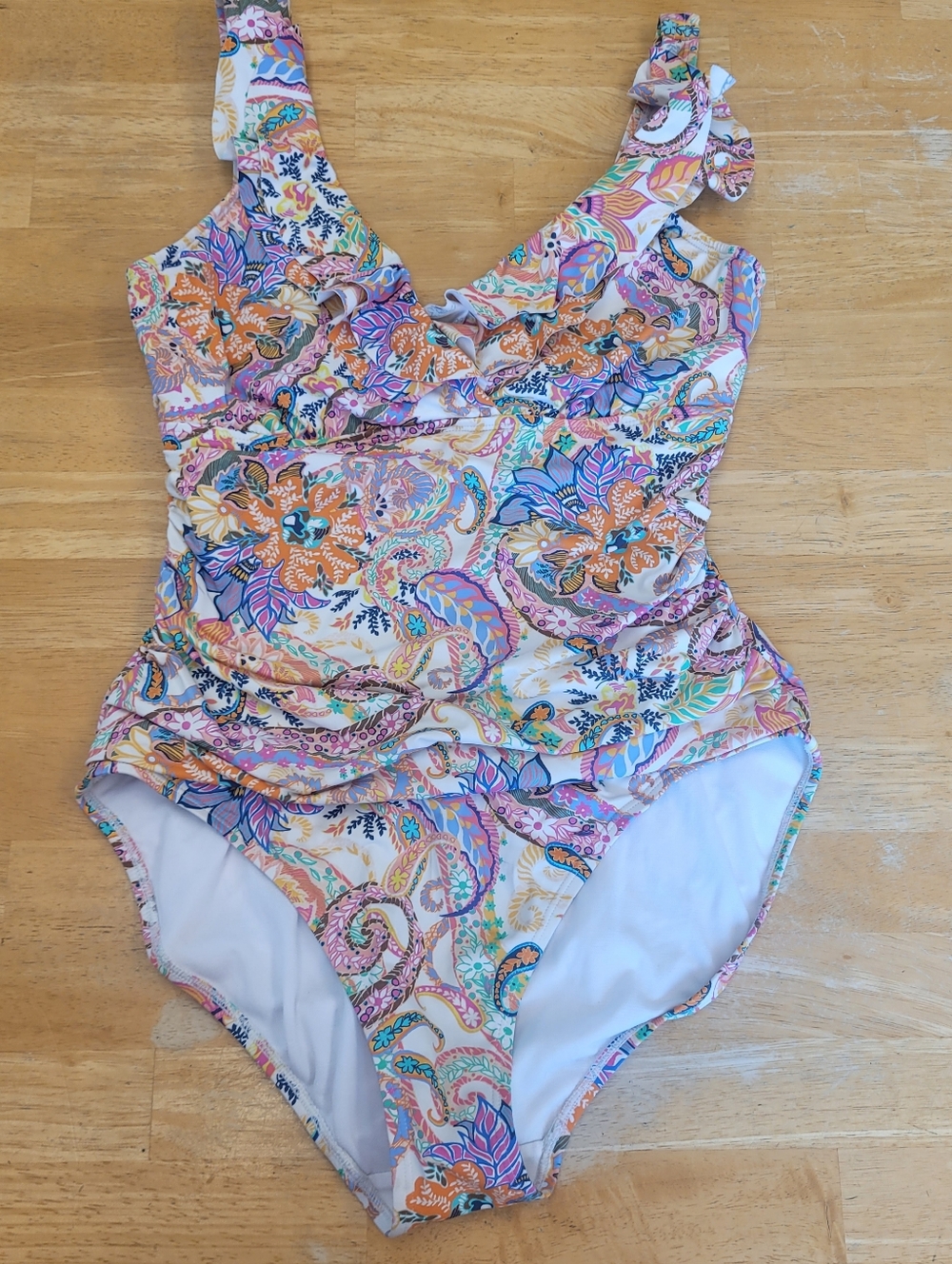 Ralph Lauren One Piece Swimsuit Ruched Large Paisley Ruffle White Pink Orange